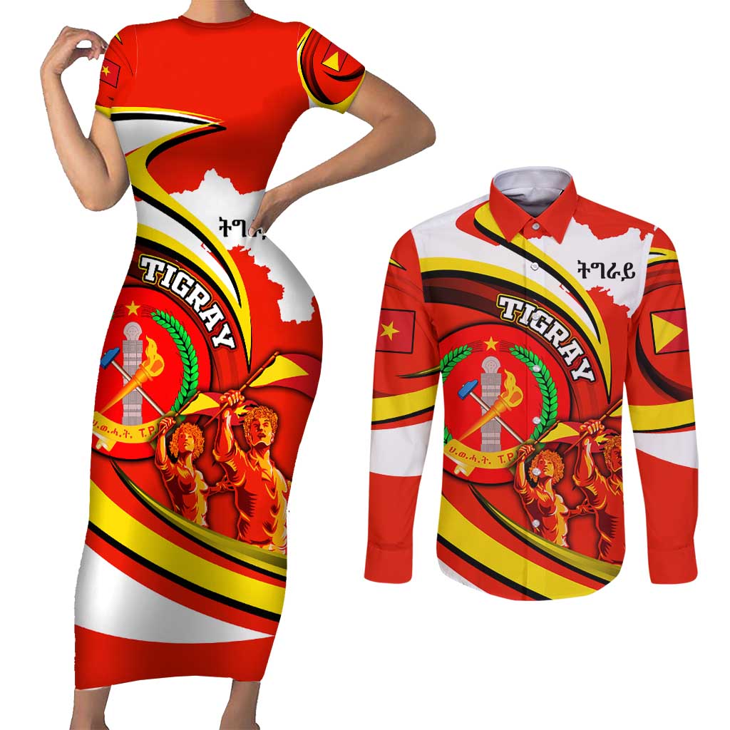 Ethiopia Tigray Revolution Couples Matching Short Sleeve Bodycon Dress and Long Sleeve Button Shirt Emblem Freedom Fighters and Flag