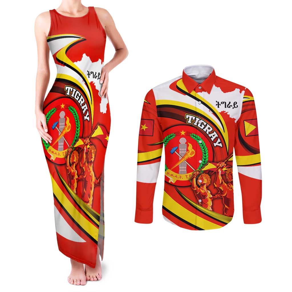 Ethiopia Tigray Revolution Couples Matching Tank Maxi Dress and Long Sleeve Button Shirt Emblem Freedom Fighters and Flag