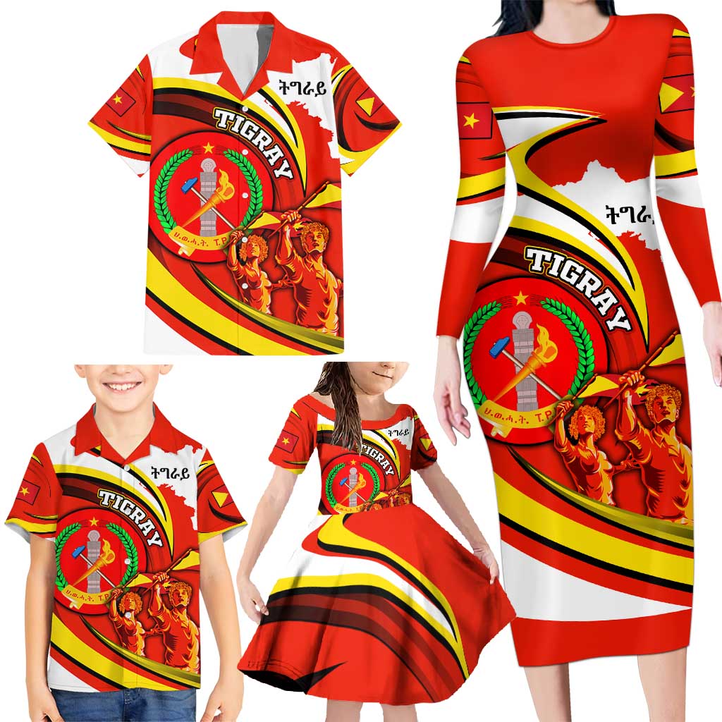 Ethiopia Tigray Revolution Family Matching Long Sleeve Bodycon Dress and Hawaiian Shirt Emblem Freedom Fighters and Flag