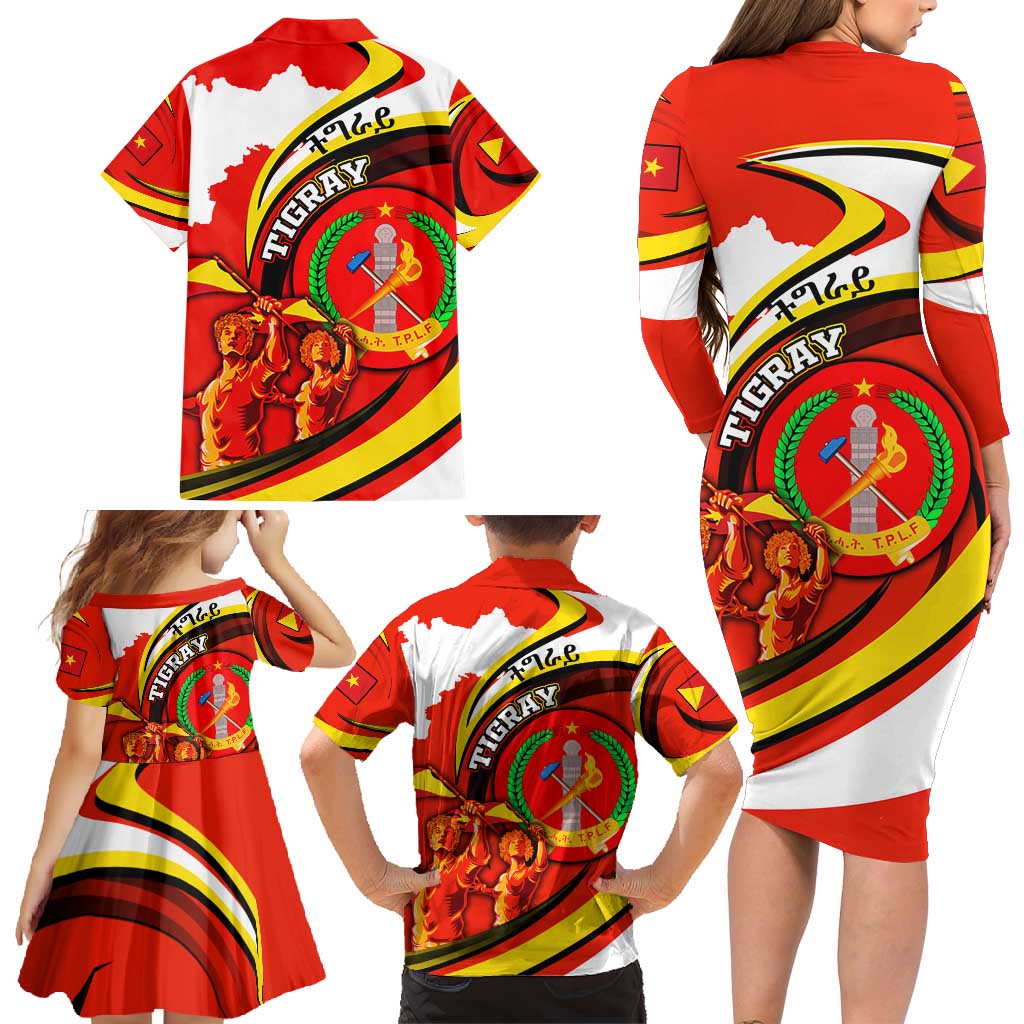 Ethiopia Tigray Revolution Family Matching Long Sleeve Bodycon Dress and Hawaiian Shirt Emblem Freedom Fighters and Flag