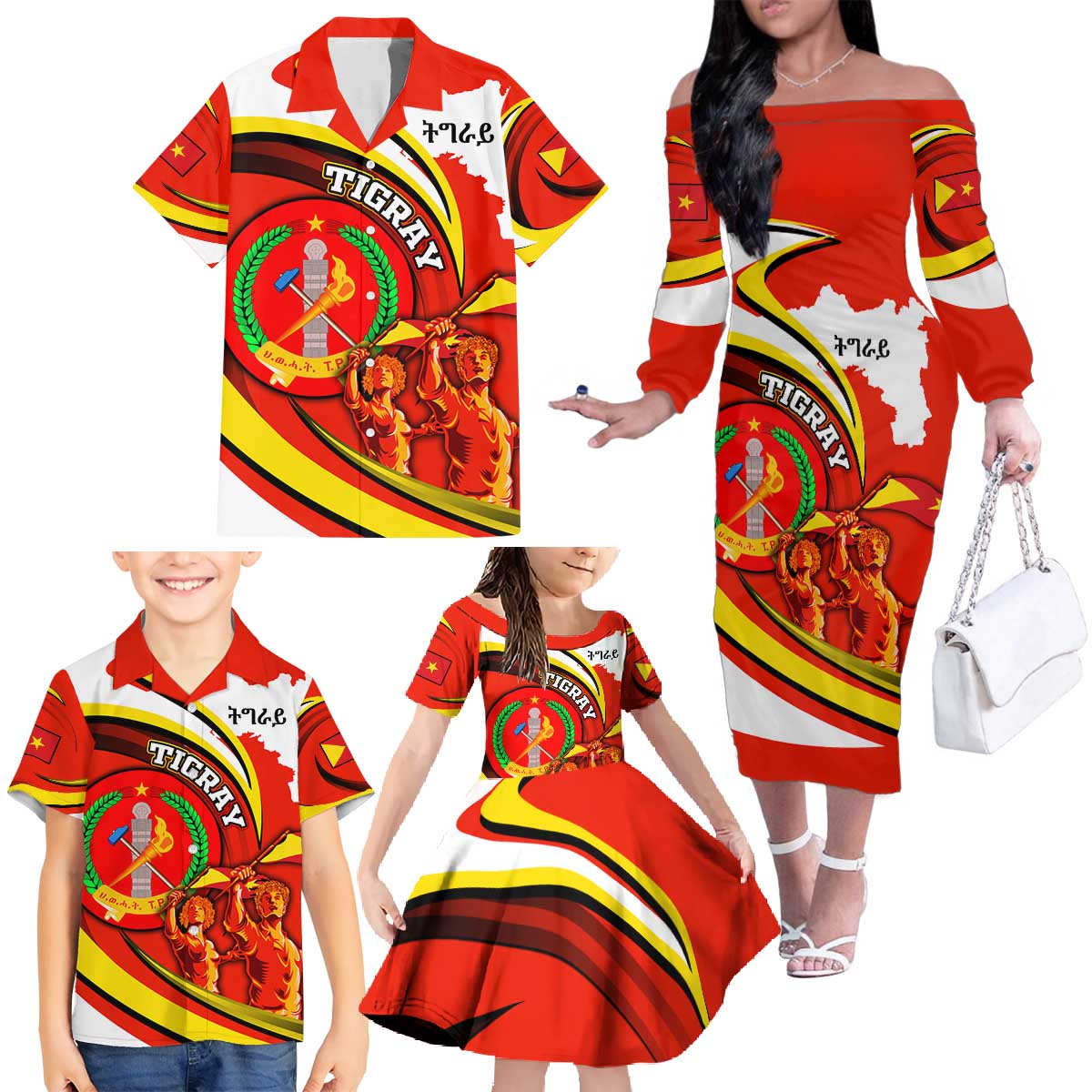 Ethiopia Tigray Revolution Family Matching Off The Shoulder Long Sleeve Dress and Hawaiian Shirt Emblem Freedom Fighters and Flag