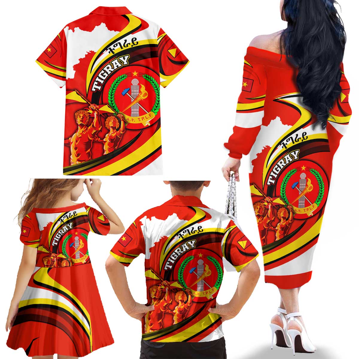 Ethiopia Tigray Revolution Family Matching Off The Shoulder Long Sleeve Dress and Hawaiian Shirt Emblem Freedom Fighters and Flag