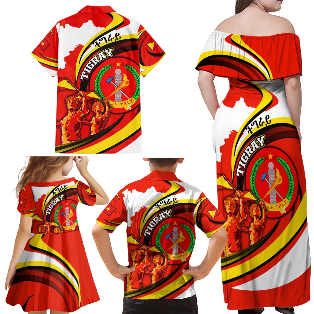 Ethiopia Tigray Revolution Family Matching Off Shoulder Maxi Dress and Hawaiian Shirt Emblem Freedom Fighters and Flag