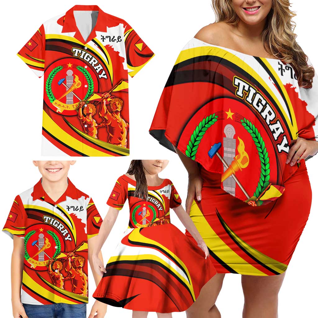 Ethiopia Tigray Revolution Family Matching Off Shoulder Short Dress and Hawaiian Shirt Emblem Freedom Fighters and Flag