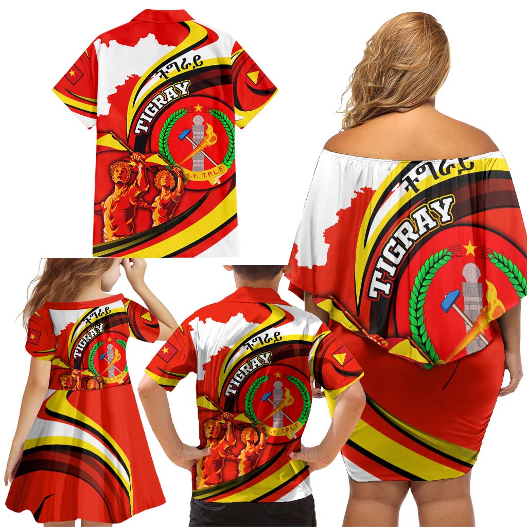 Ethiopia Tigray Revolution Family Matching Off Shoulder Short Dress and Hawaiian Shirt Emblem Freedom Fighters and Flag