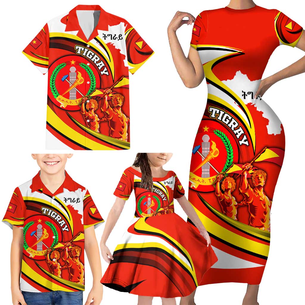 Ethiopia Tigray Revolution Family Matching Short Sleeve Bodycon Dress and Hawaiian Shirt Emblem Freedom Fighters and Flag
