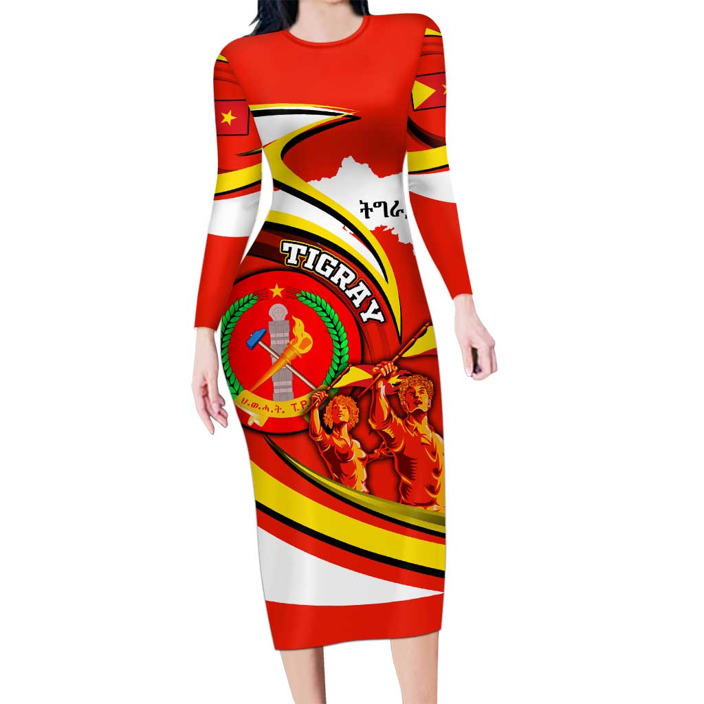 Ethiopia Tigray Revolution Long Sleeve Bodycon Dress Emblem Freedom Fighters and Flag