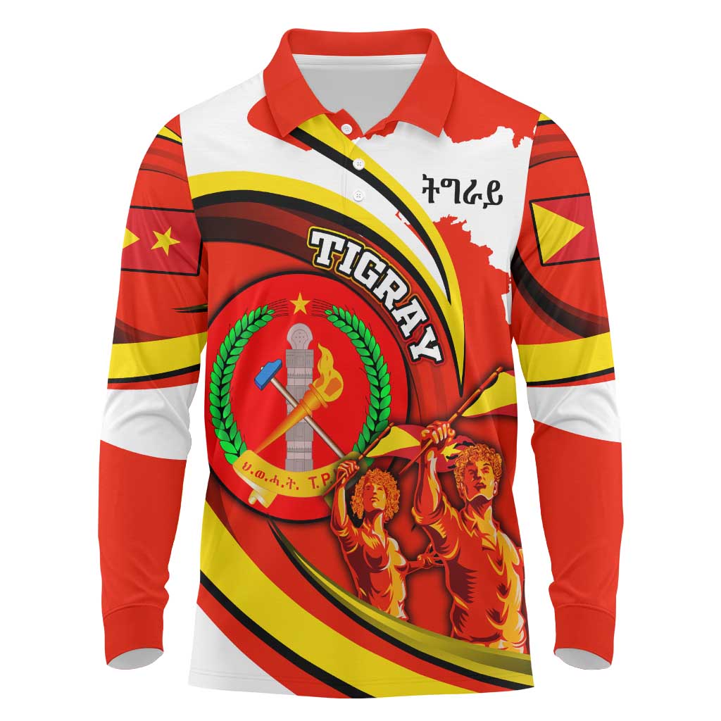 Ethiopia Tigray Revolution Long Sleeve Polo Shirt Emblem Freedom Fighters and Flag