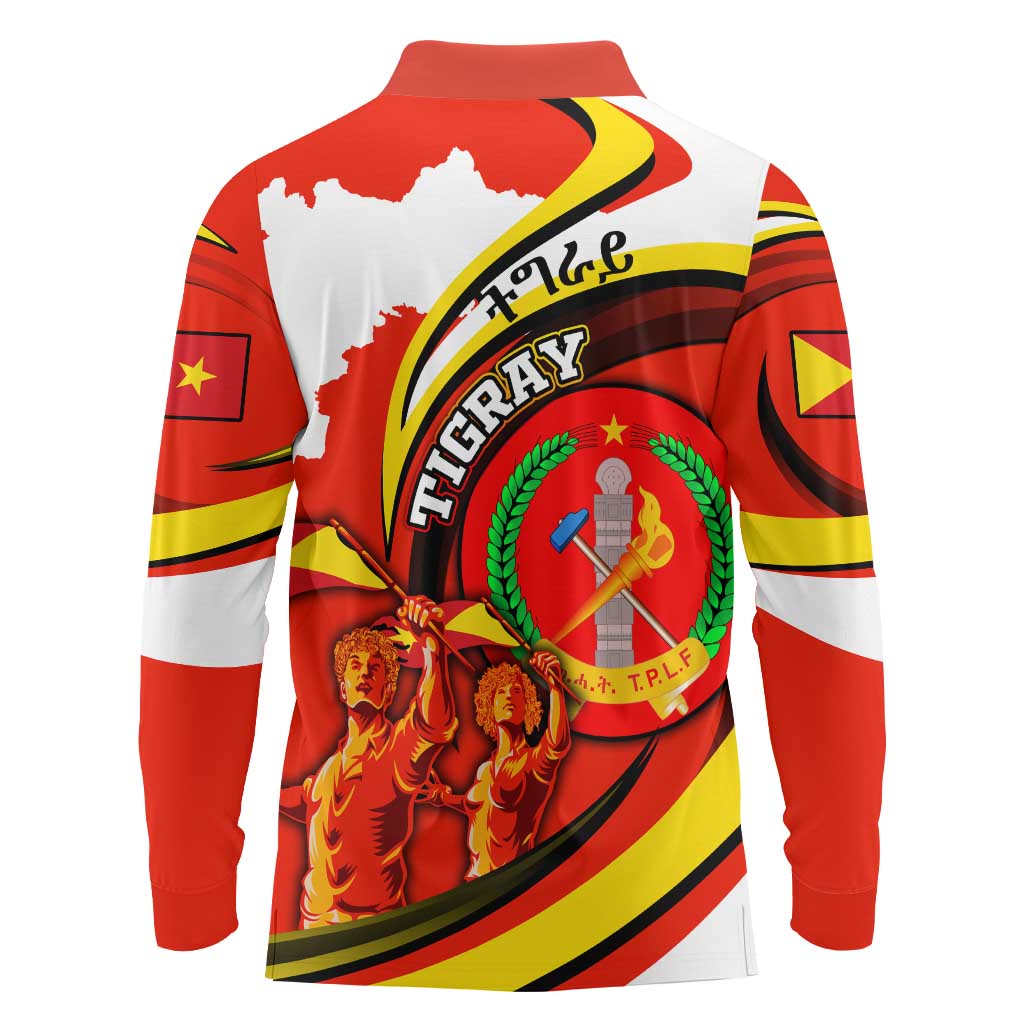 Ethiopia Tigray Revolution Long Sleeve Polo Shirt Emblem Freedom Fighters and Flag