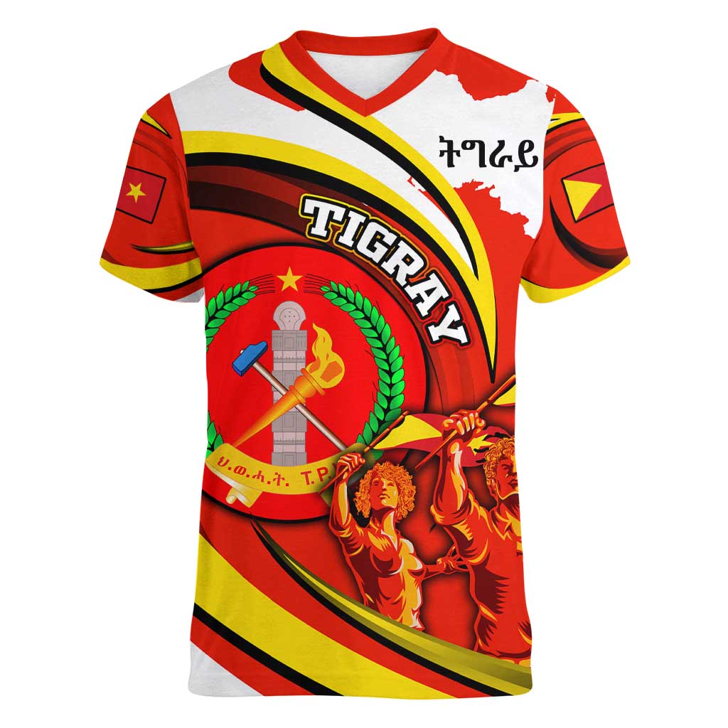 Ethiopia Tigray Revolution Women V-Neck T-Shirt Emblem Freedom Fighters and Flag