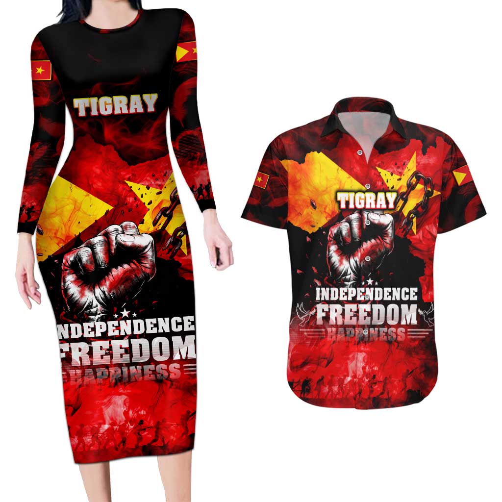 I Stand with Tigray Couples Matching Long Sleeve Bodycon Dress and Hawaiian Shirt Tigray Independence - Fist of Freedom