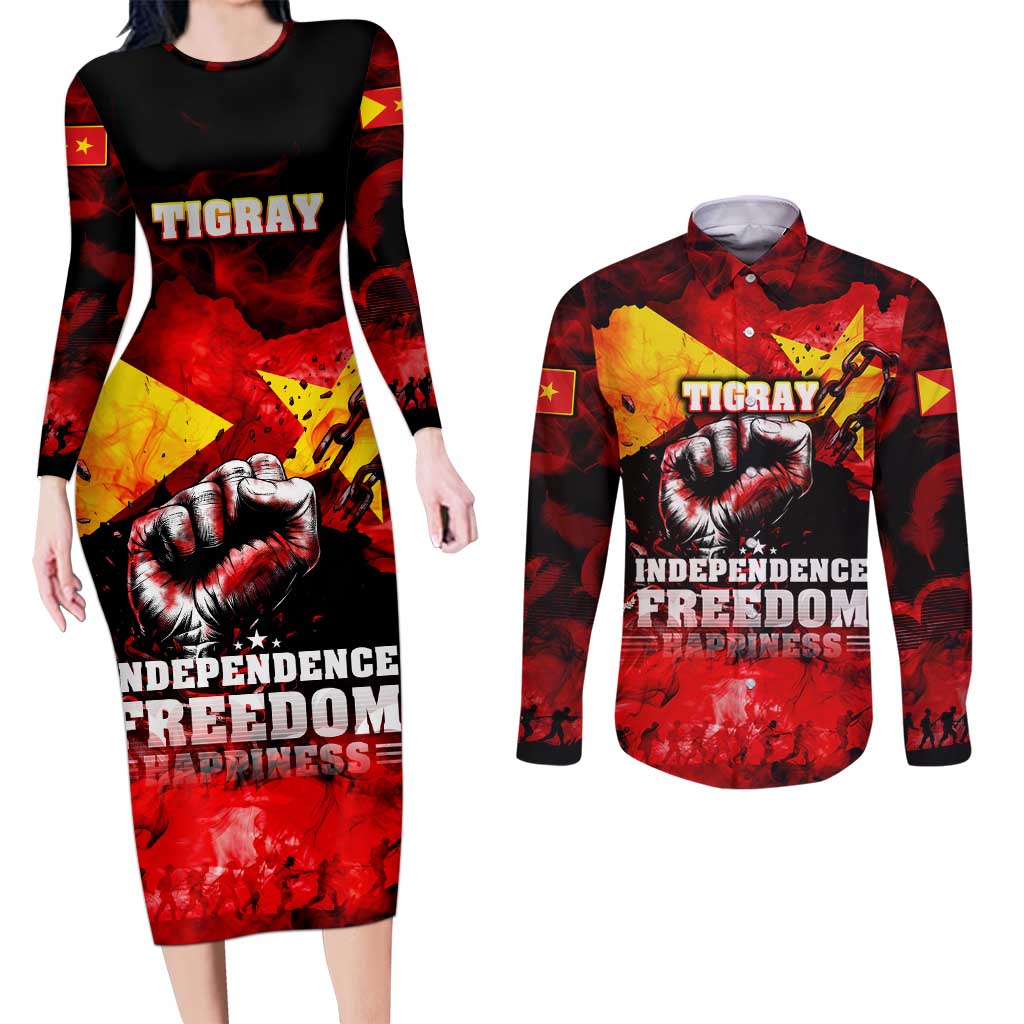 I Stand with Tigray Couples Matching Long Sleeve Bodycon Dress and Long Sleeve Button Shirt Tigray Independence - Fist of Freedom