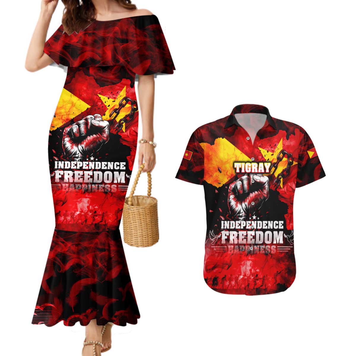 I Stand with Tigray Couples Matching Mermaid Dress and Hawaiian Shirt Tigray Independence - Fist of Freedom