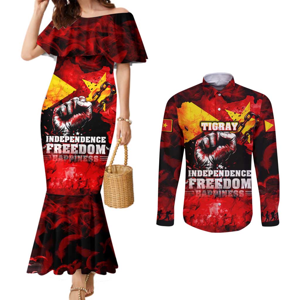 I Stand with Tigray Couples Matching Mermaid Dress and Long Sleeve Button Shirt Tigray Independence - Fist of Freedom