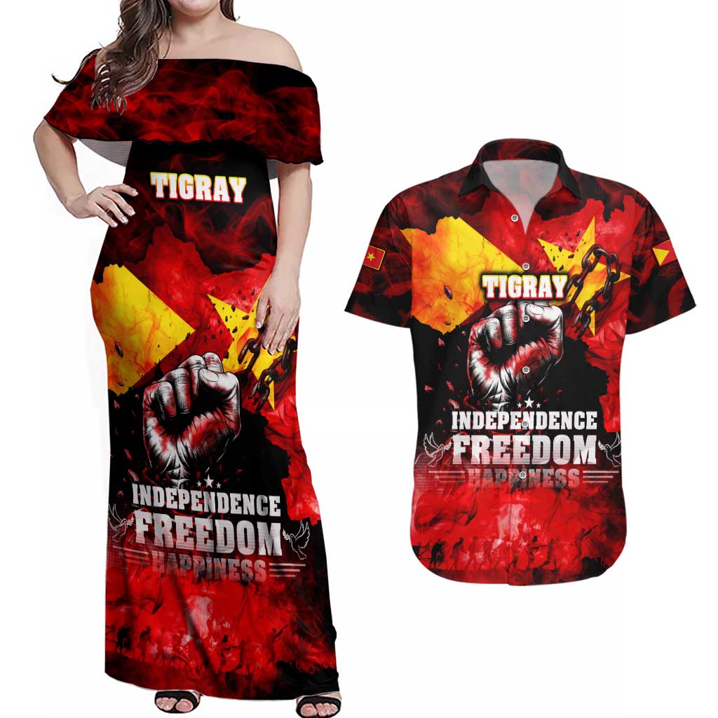 I Stand with Tigray Couples Matching Off Shoulder Maxi Dress and Hawaiian Shirt Tigray Independence - Fist of Freedom