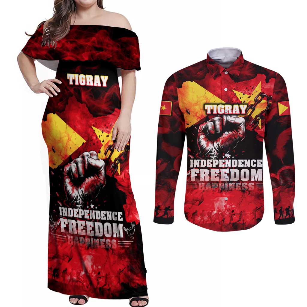 I Stand with Tigray Couples Matching Off Shoulder Maxi Dress and Long Sleeve Button Shirt Tigray Independence - Fist of Freedom