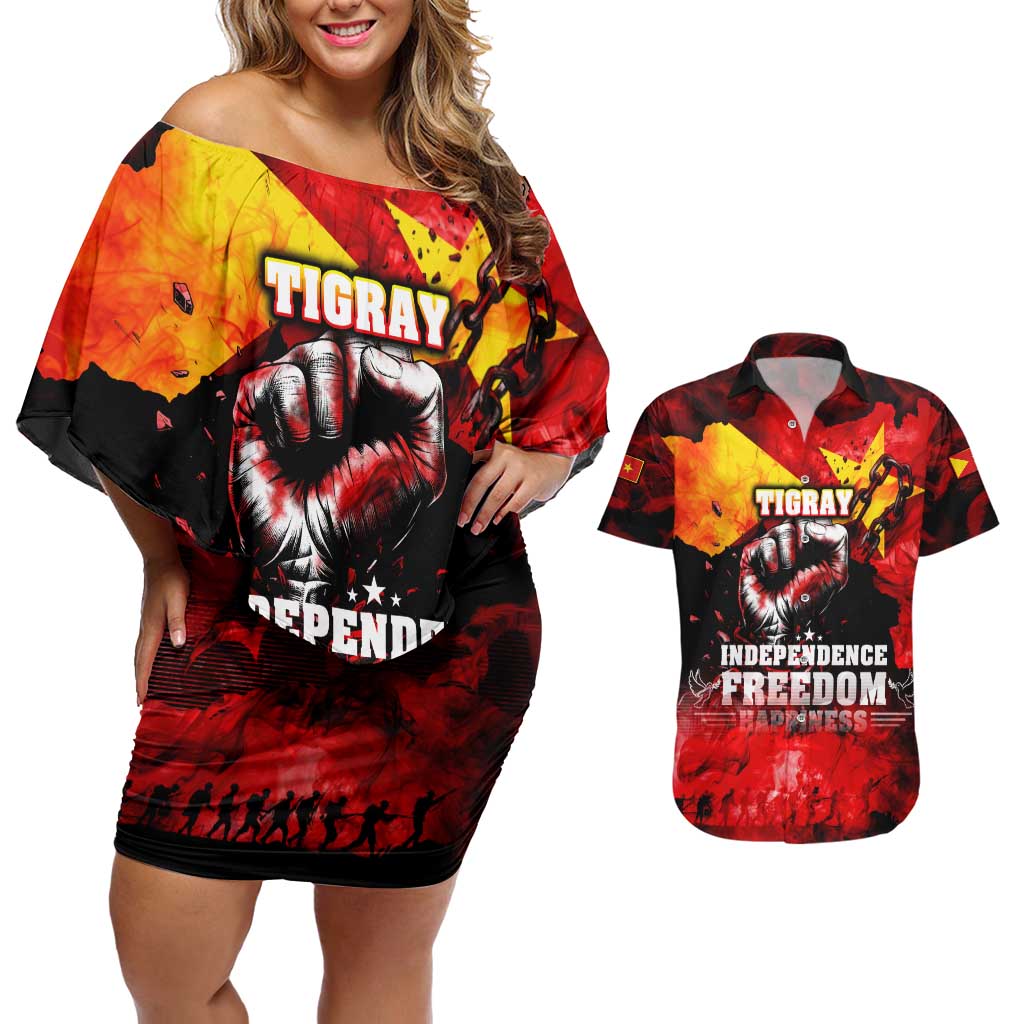 I Stand with Tigray Couples Matching Off Shoulder Short Dress and Hawaiian Shirt Tigray Independence - Fist of Freedom