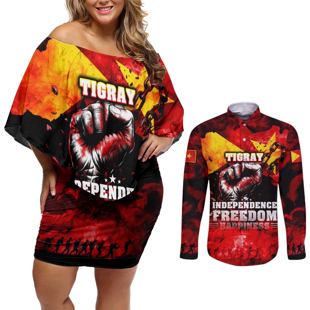 I Stand with Tigray Couples Matching Off Shoulder Short Dress and Long Sleeve Button Shirt Tigray Independence - Fist of Freedom