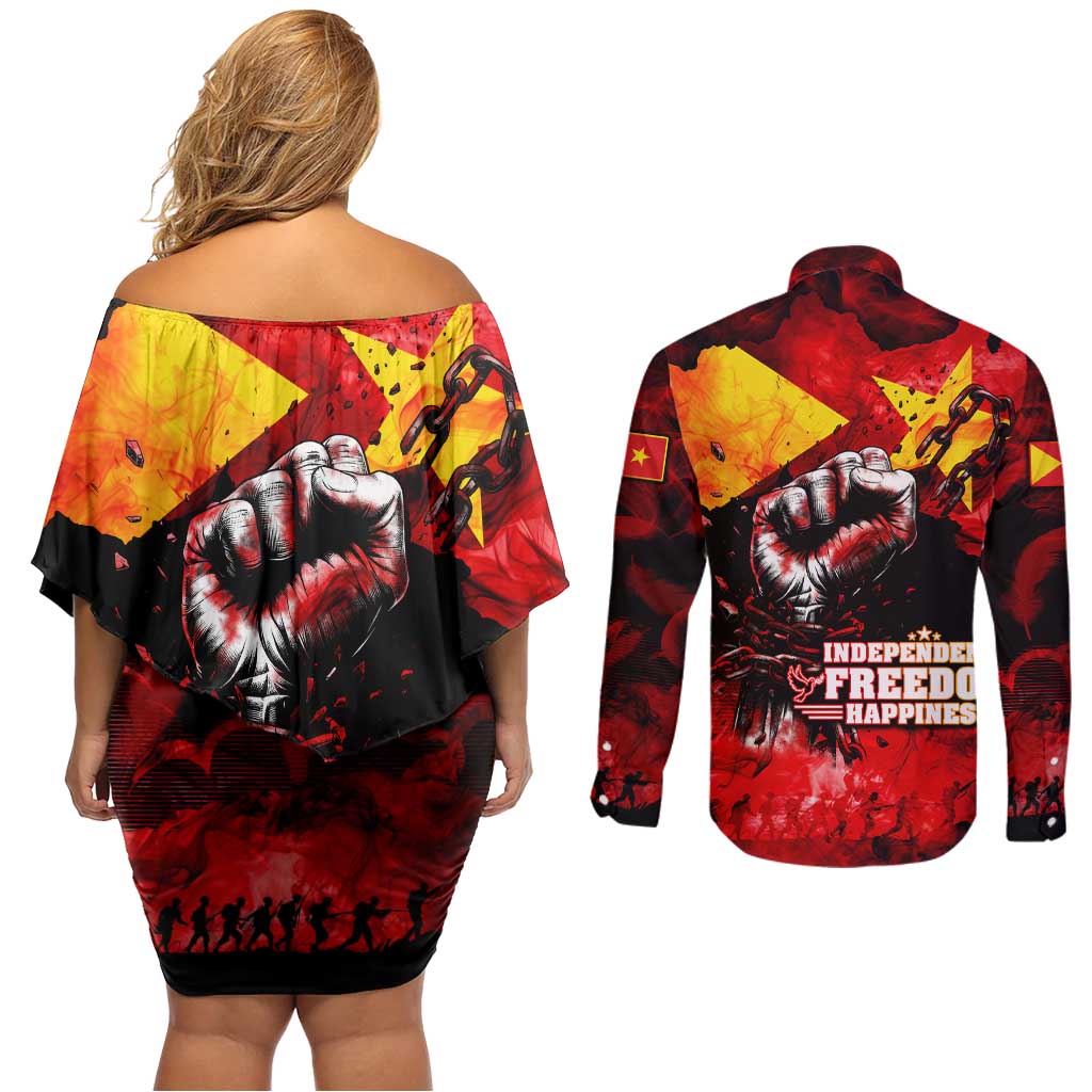 I Stand with Tigray Couples Matching Off Shoulder Short Dress and Long Sleeve Button Shirt Tigray Independence - Fist of Freedom