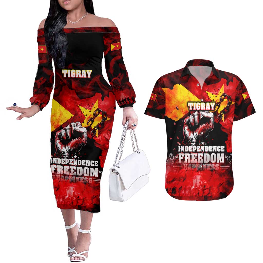 I Stand with Tigray Couples Matching Off The Shoulder Long Sleeve Dress and Hawaiian Shirt Tigray Independence - Fist of Freedom