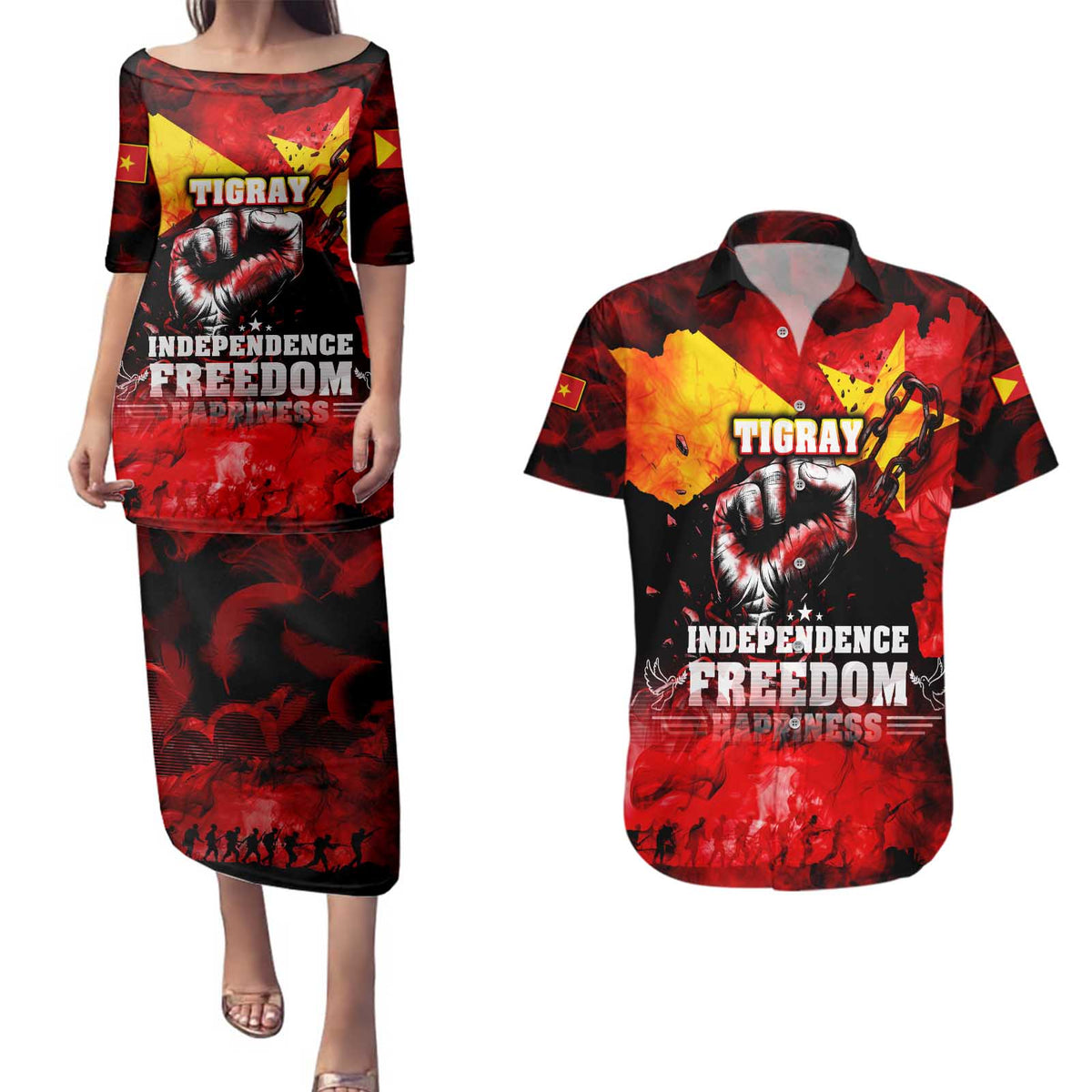 I Stand with Tigray Couples Matching Puletasi and Hawaiian Shirt Tigray Independence - Fist of Freedom