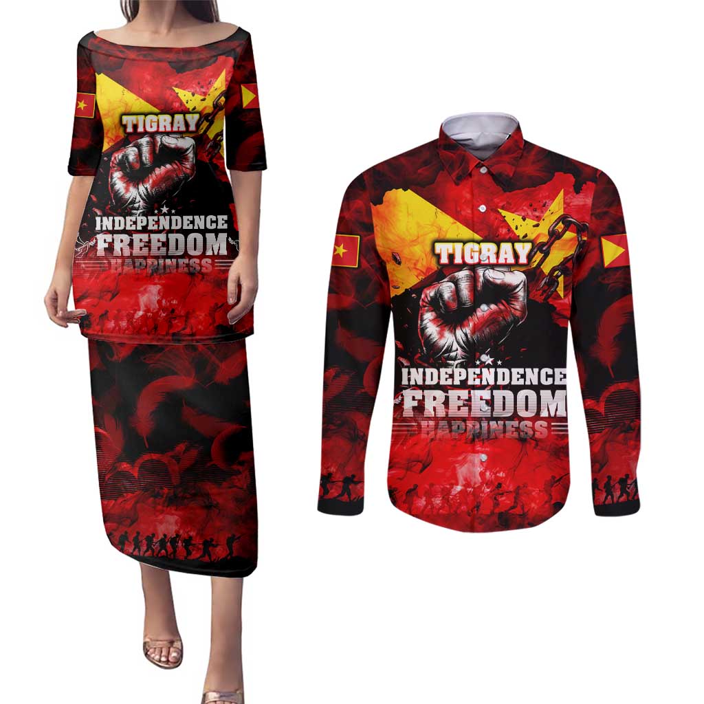 I Stand with Tigray Couples Matching Puletasi and Long Sleeve Button Shirt Tigray Independence - Fist of Freedom
