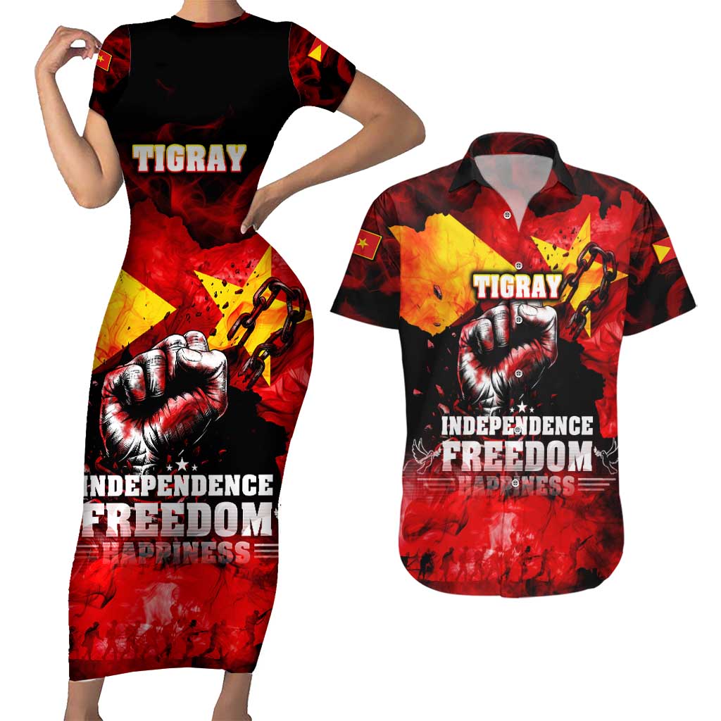 I Stand with Tigray Couples Matching Short Sleeve Bodycon Dress and Hawaiian Shirt Tigray Independence - Fist of Freedom