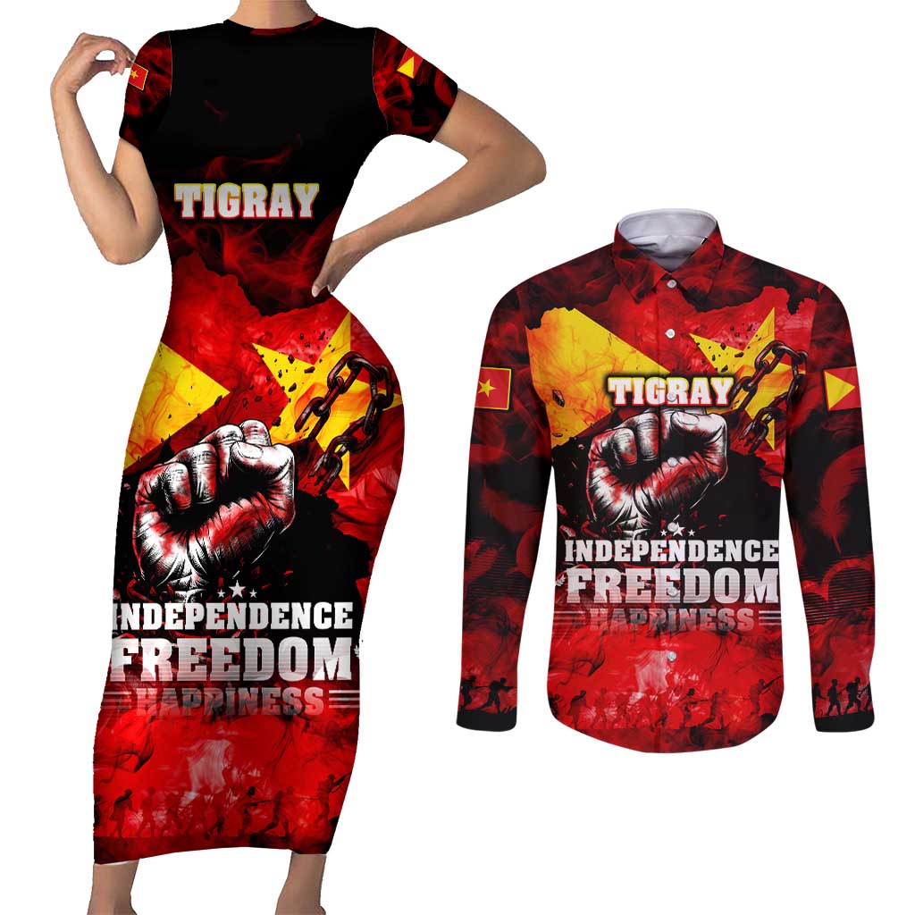 I Stand with Tigray Couples Matching Short Sleeve Bodycon Dress and Long Sleeve Button Shirt Tigray Independence - Fist of Freedom
