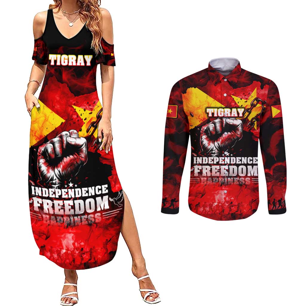 I Stand with Tigray Couples Matching Summer Maxi Dress and Long Sleeve Button Shirt Tigray Independence - Fist of Freedom