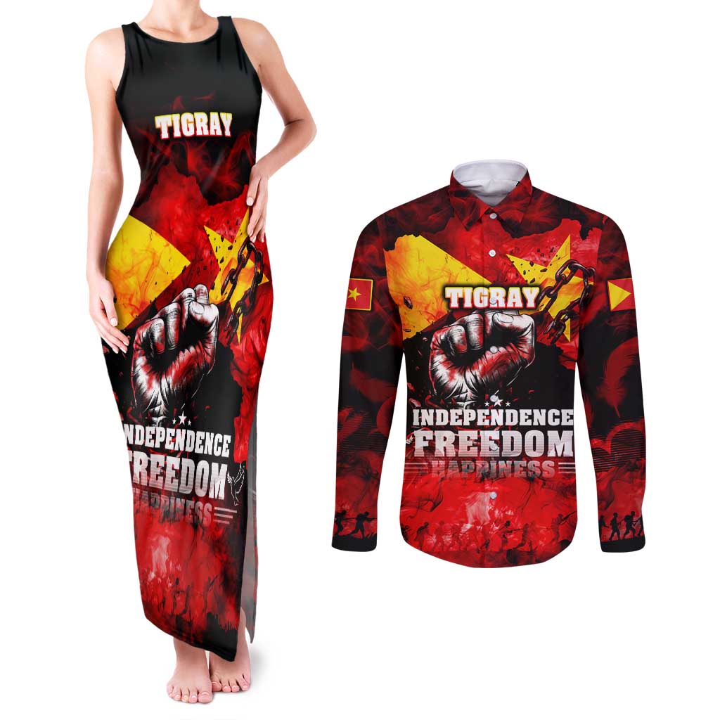 I Stand with Tigray Couples Matching Tank Maxi Dress and Long Sleeve Button Shirt Tigray Independence - Fist of Freedom