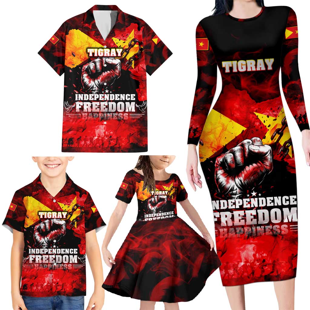 I Stand with Tigray Family Matching Long Sleeve Bodycon Dress and Hawaiian Shirt Tigray Independence - Fist of Freedom