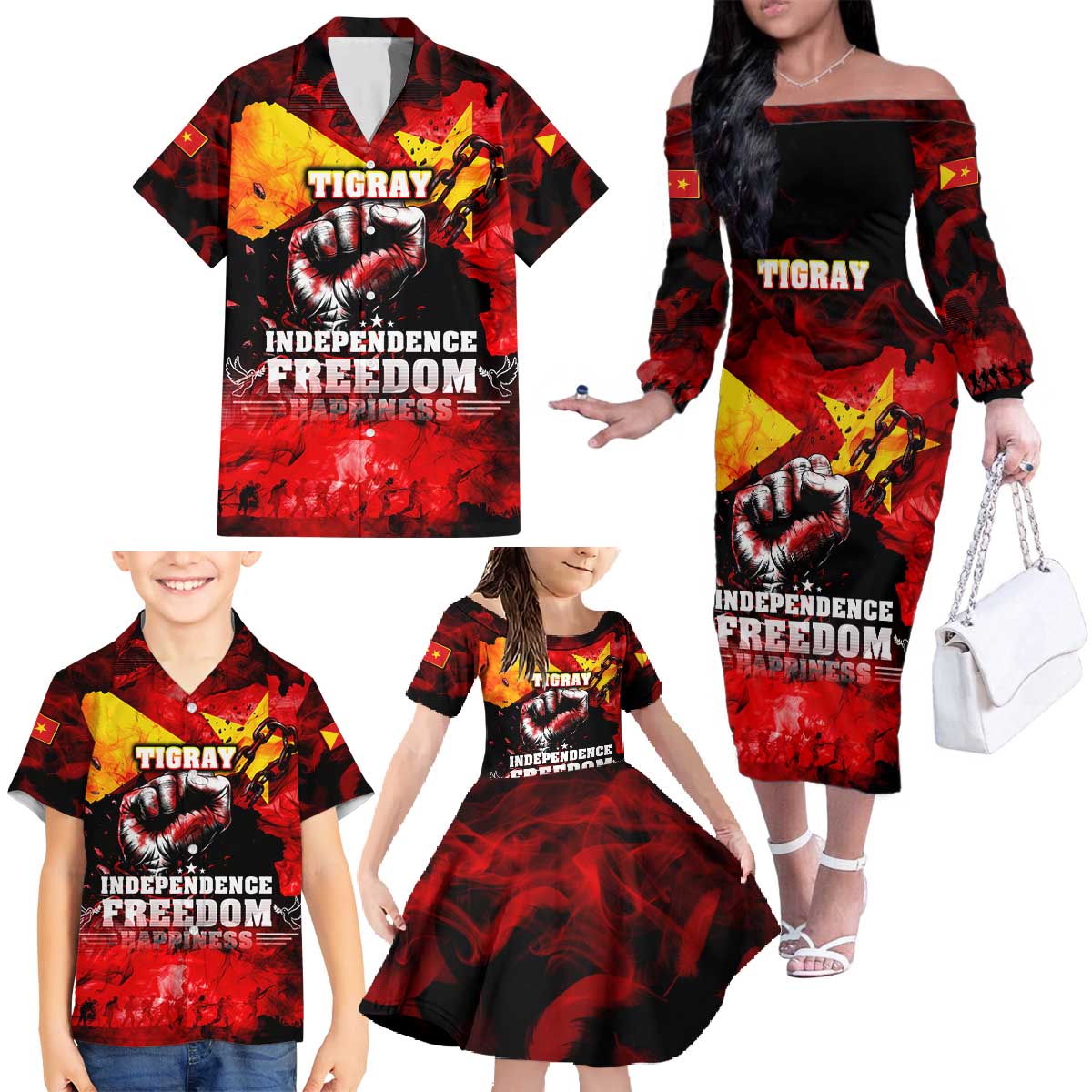 I Stand with Tigray Family Matching Off The Shoulder Long Sleeve Dress and Hawaiian Shirt Tigray Independence - Fist of Freedom