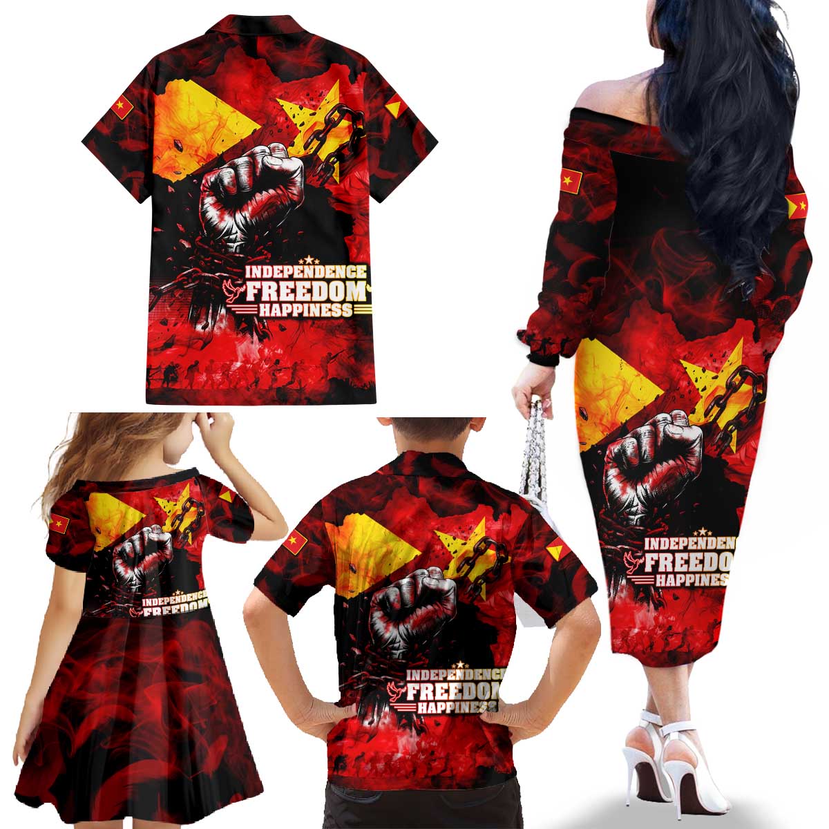 I Stand with Tigray Family Matching Off The Shoulder Long Sleeve Dress and Hawaiian Shirt Tigray Independence - Fist of Freedom