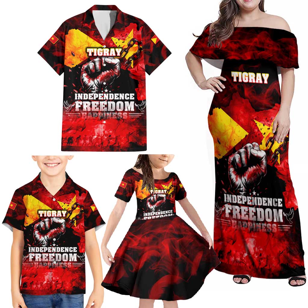 I Stand with Tigray Family Matching Off Shoulder Maxi Dress and Hawaiian Shirt Tigray Independence - Fist of Freedom