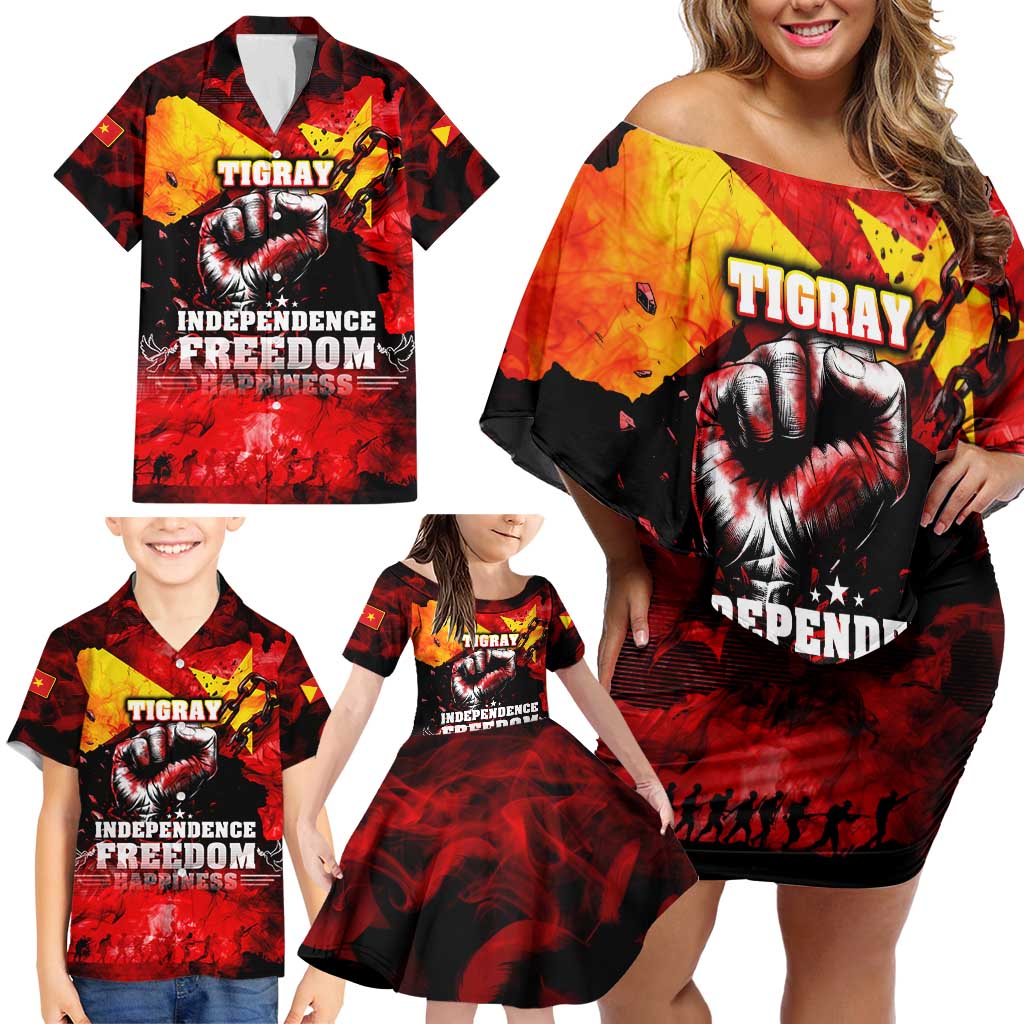 I Stand with Tigray Family Matching Off Shoulder Short Dress and Hawaiian Shirt Tigray Independence - Fist of Freedom