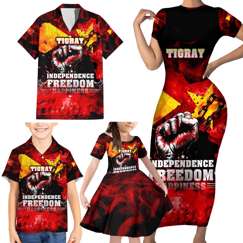 I Stand with Tigray Family Matching Short Sleeve Bodycon Dress and Hawaiian Shirt Tigray Independence - Fist of Freedom
