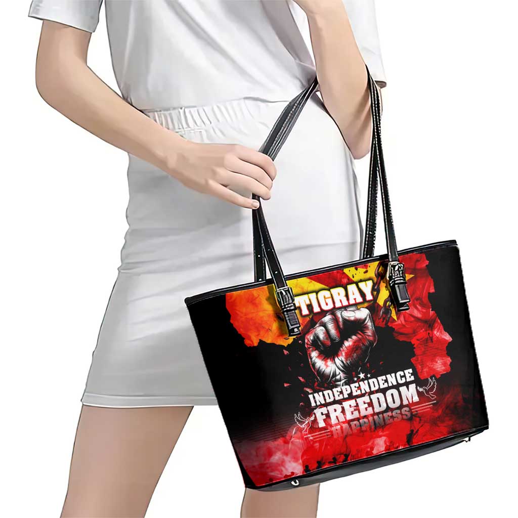 I Stand with Tigray Leather Tote Bag Tigray Independence - Fist of Freedom