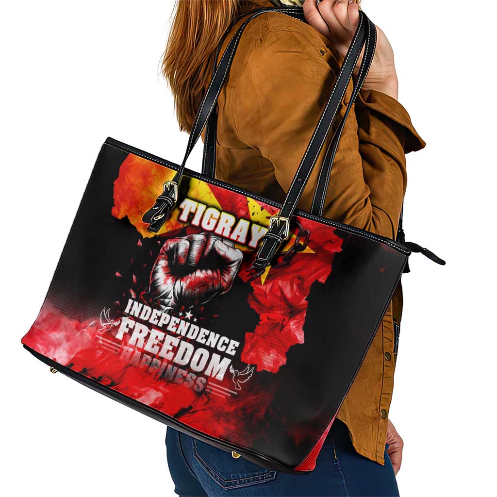 I Stand with Tigray Leather Tote Bag Tigray Independence - Fist of Freedom