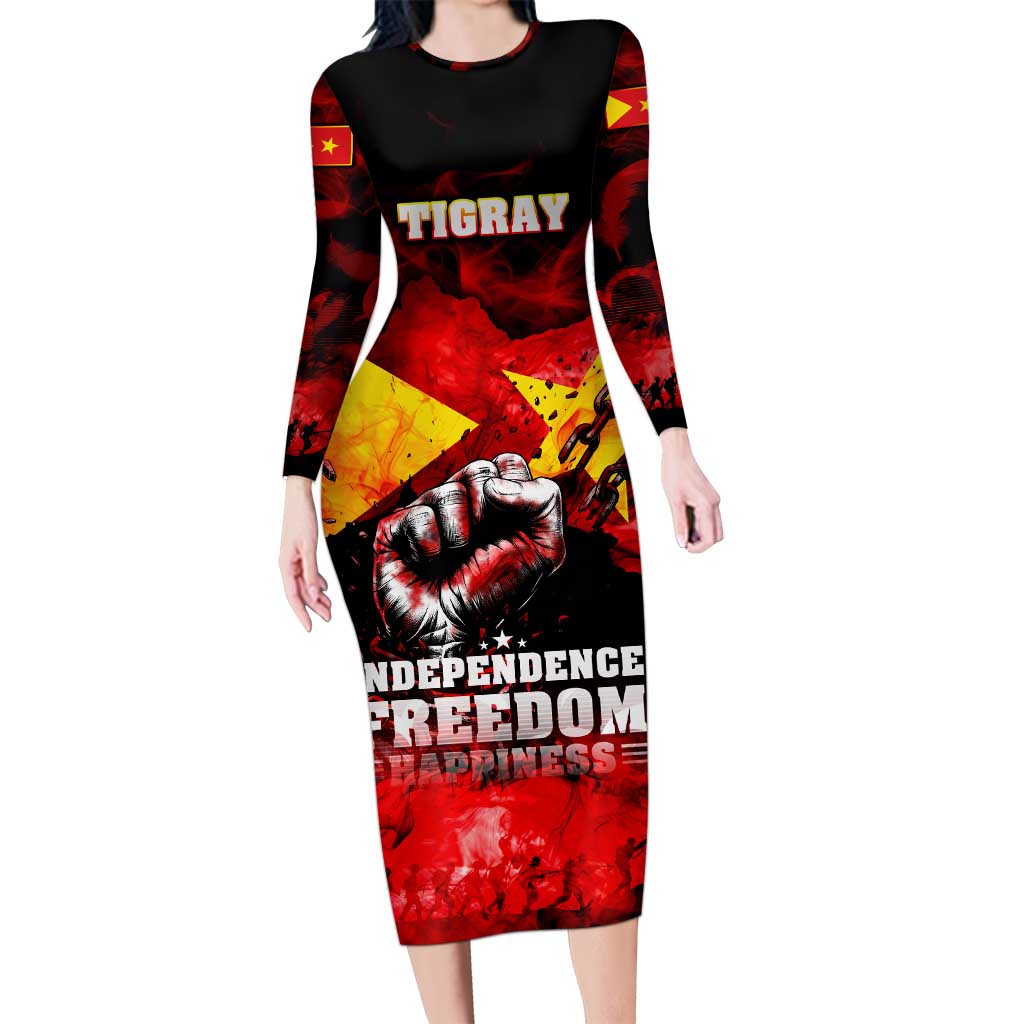 I Stand with Tigray Long Sleeve Bodycon Dress Tigray Independence - Fist of Freedom