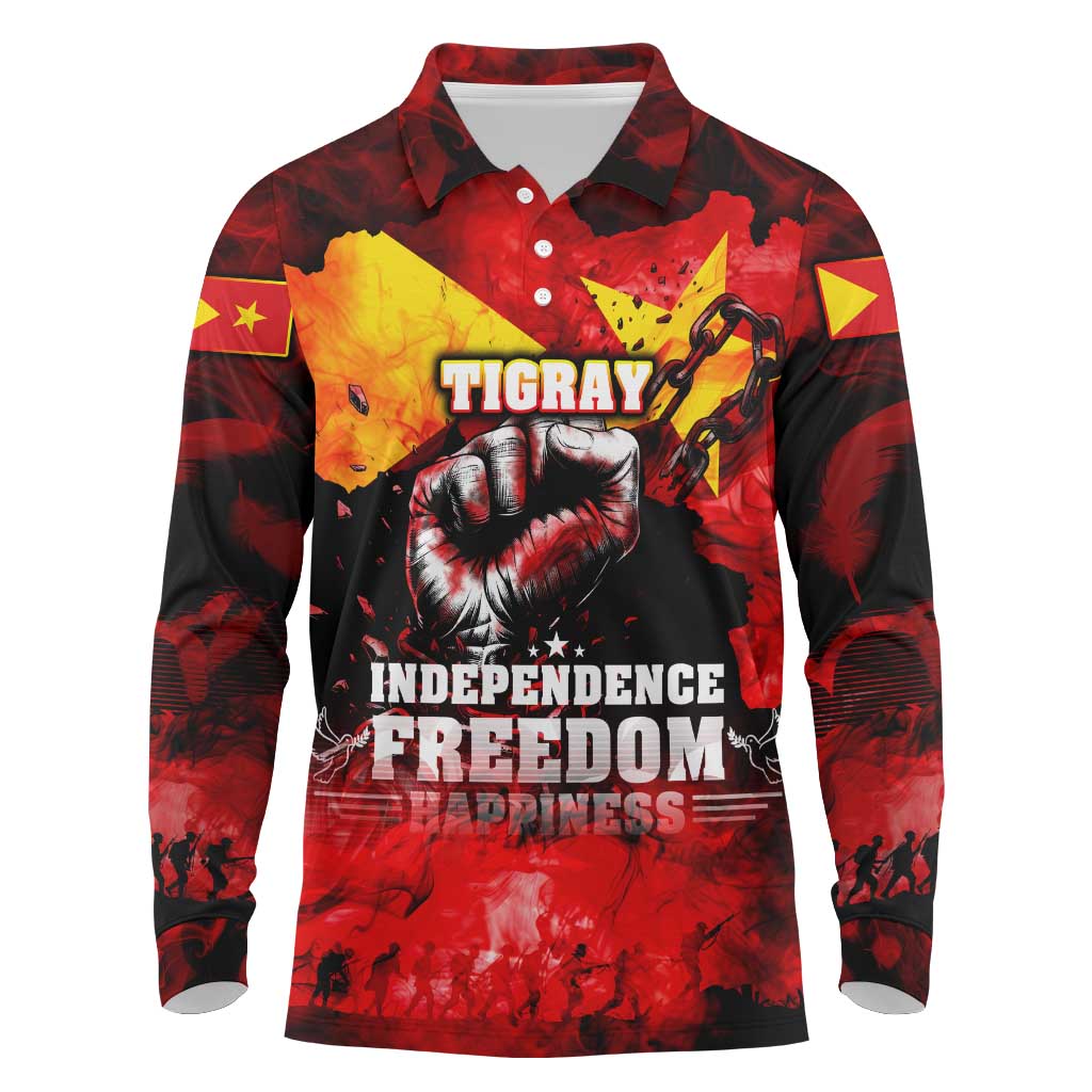 I Stand with Tigray Long Sleeve Polo Shirt Tigray Independence - Fist of Freedom