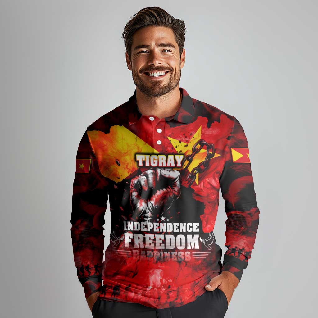 I Stand with Tigray Long Sleeve Polo Shirt Tigray Independence - Fist of Freedom