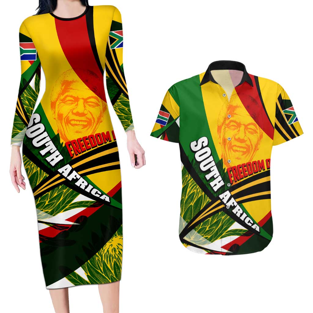 South Africa Freedom Day Couples Matching Long Sleeve Bodycon Dress and Hawaiian Shirt Mandela Legacy National Pride Protea Flower