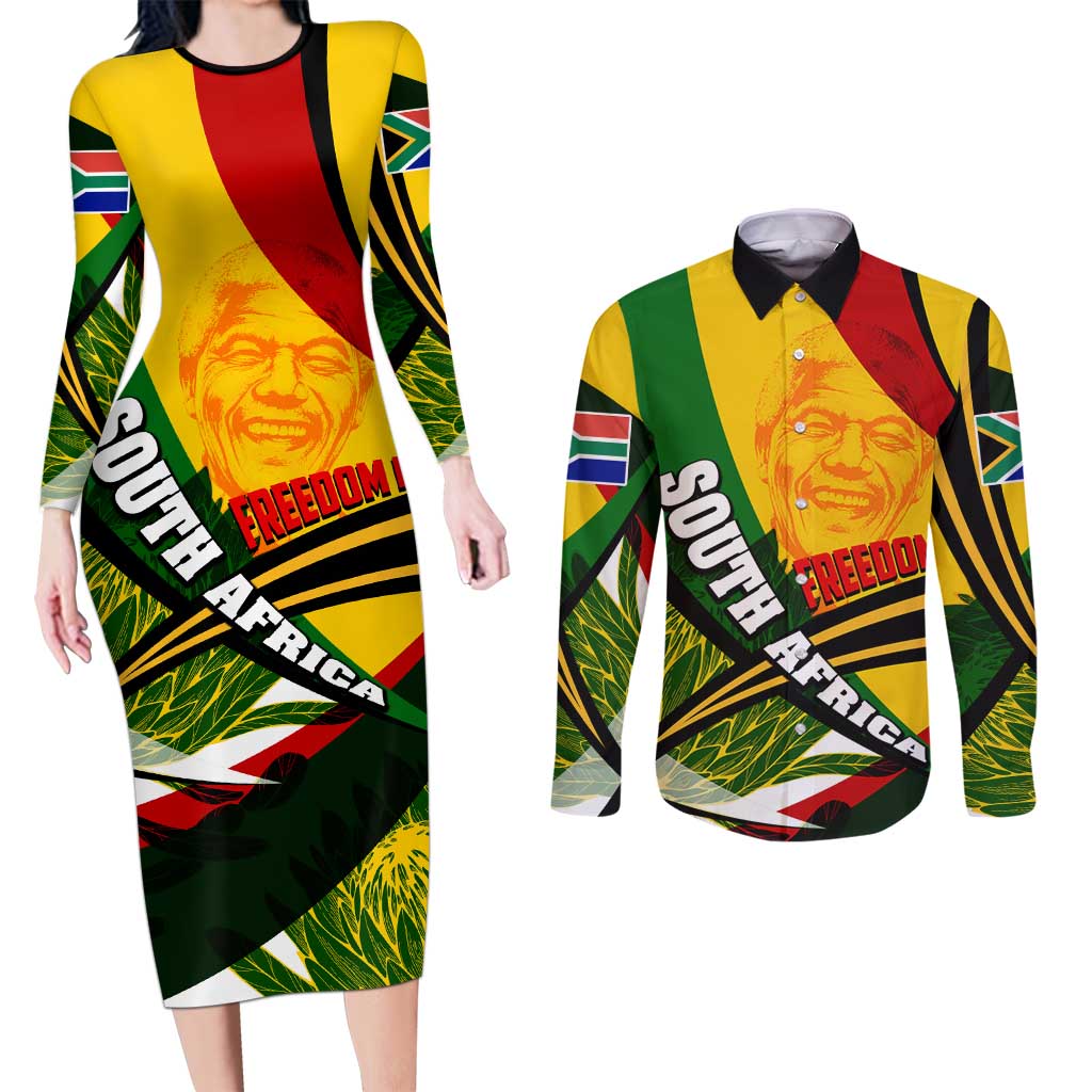 South Africa Freedom Day Couples Matching Long Sleeve Bodycon Dress and Long Sleeve Button Shirt Mandela Legacy National Pride Protea Flower