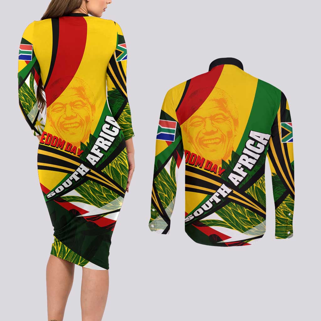 South Africa Freedom Day Couples Matching Long Sleeve Bodycon Dress and Long Sleeve Button Shirt Mandela Legacy National Pride Protea Flower