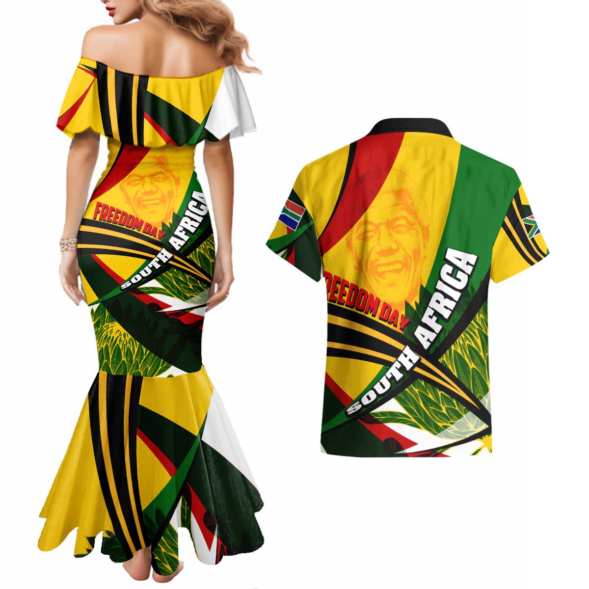 South Africa Freedom Day Couples Matching Mermaid Dress and Hawaiian Shirt Mandela Legacy National Pride Protea Flower
