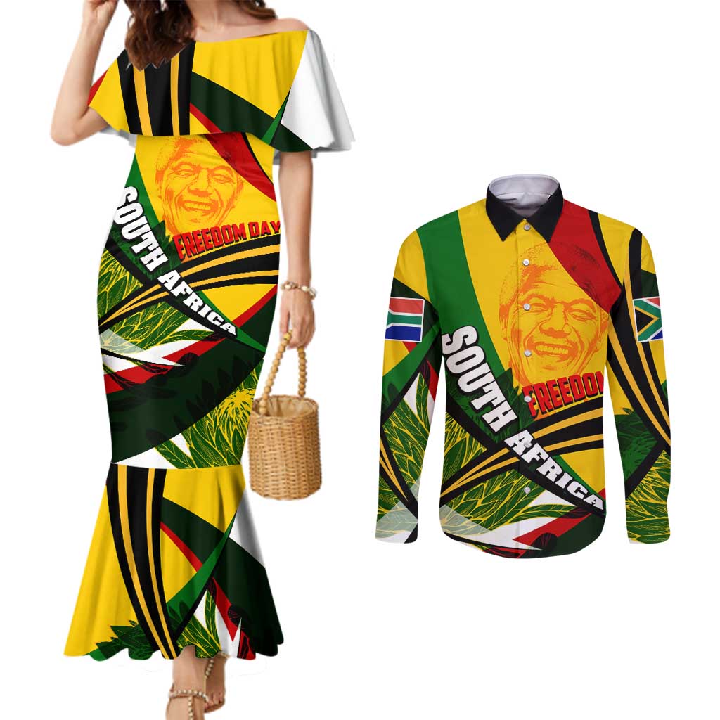 South Africa Freedom Day Couples Matching Mermaid Dress and Long Sleeve Button Shirt Mandela Legacy National Pride Protea Flower