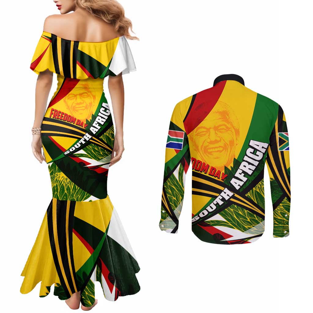 South Africa Freedom Day Couples Matching Mermaid Dress and Long Sleeve Button Shirt Mandela Legacy National Pride Protea Flower