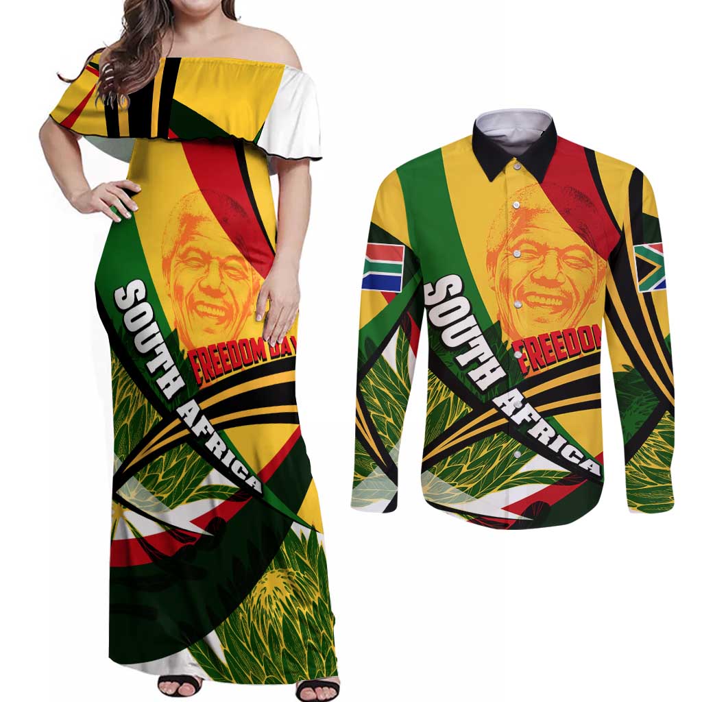 South Africa Freedom Day Couples Matching Off Shoulder Maxi Dress and Long Sleeve Button Shirt Mandela Legacy National Pride Protea Flower