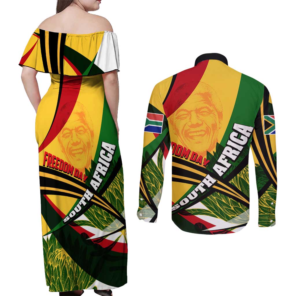 South Africa Freedom Day Couples Matching Off Shoulder Maxi Dress and Long Sleeve Button Shirt Mandela Legacy National Pride Protea Flower