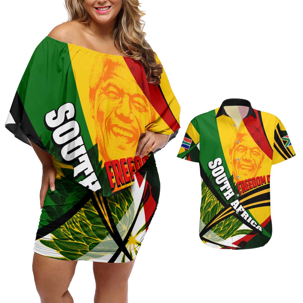 South Africa Freedom Day Couples Matching Off Shoulder Short Dress and Hawaiian Shirt Mandela Legacy National Pride Protea Flower